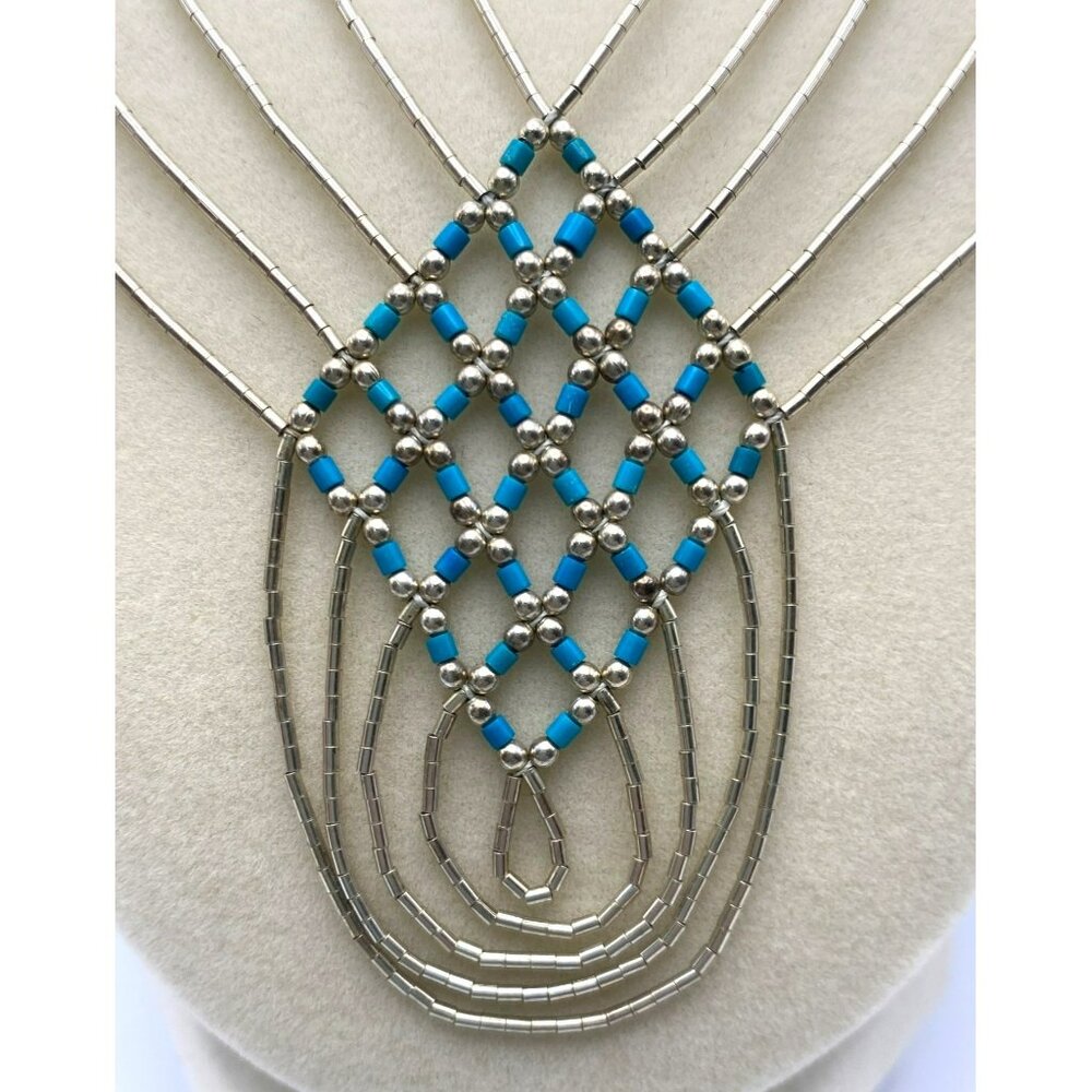 Native American Liquid Silver Woven Turquoise Beaded Necklace 18" Vintage 17.4g - Picture 5 of 9